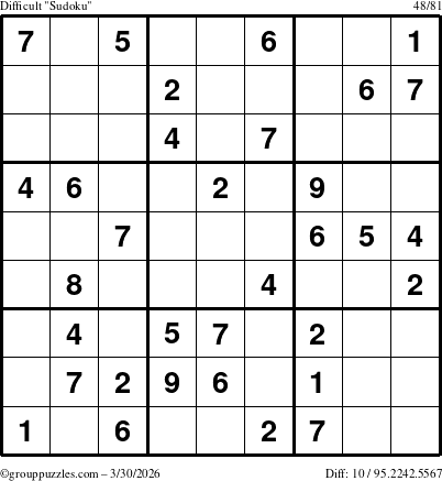 The grouppuzzles.com Difficult Sudoku puzzle for Monday March 30, 2026