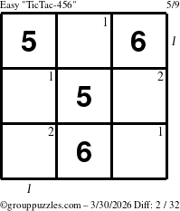 The grouppuzzles.com Easy TicTac-456 puzzle for Monday March 30, 2026 with all 2 steps marked