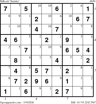 The grouppuzzles.com Difficult Sudoku puzzle for Monday March 30, 2026, suitable for printing, with all 10 steps marked
