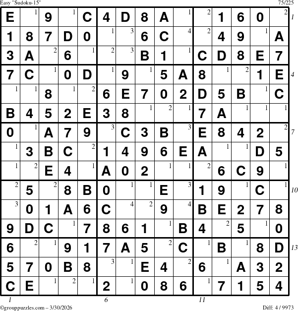 The grouppuzzles.com Easy Sudoku-15 puzzle for Monday March 30, 2026 with all 4 steps marked