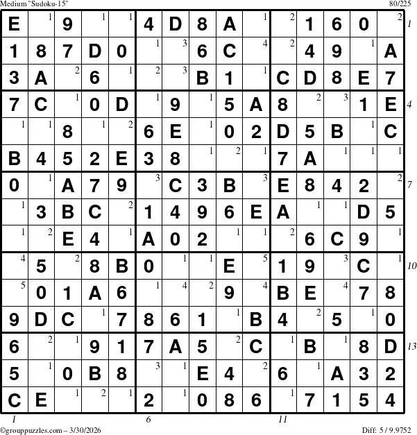 The grouppuzzles.com Medium Sudoku-15 puzzle for Monday March 30, 2026 with all 5 steps marked