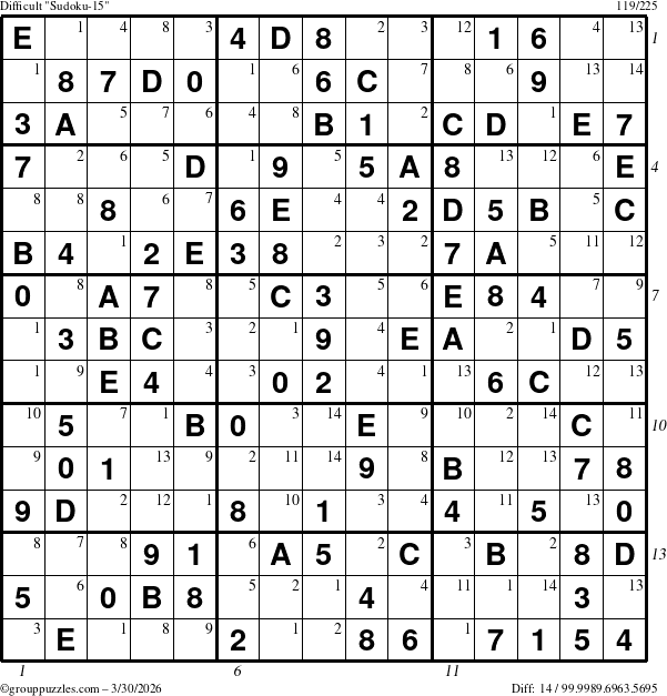 The grouppuzzles.com Difficult Sudoku-15 puzzle for Monday March 30, 2026, suitable for printing, with all 14 steps marked
