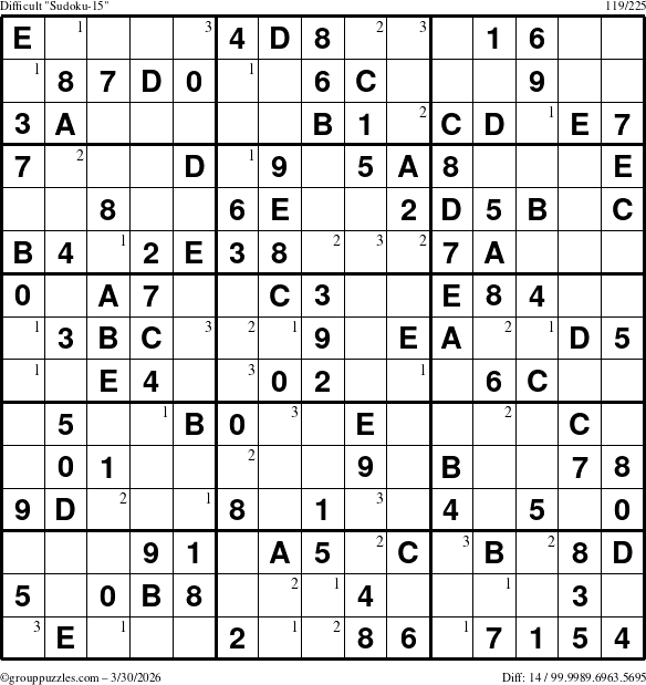 The grouppuzzles.com Difficult Sudoku-15 puzzle for Monday March 30, 2026 with the first 3 steps marked