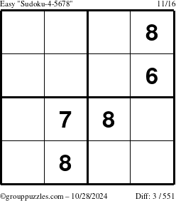 The grouppuzzles.com Easy Sudoku-4-5678 puzzle for Monday October 28, 2024