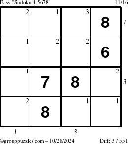 The grouppuzzles.com Easy Sudoku-4-5678 puzzle for Monday October 28, 2024 with all 3 steps marked