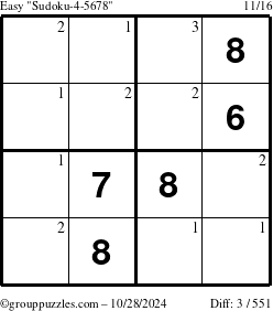 The grouppuzzles.com Easy Sudoku-4-5678 puzzle for Monday October 28, 2024 with the first 3 steps marked