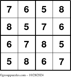 The grouppuzzles.com Answer grid for the Sudoku-4-5678 puzzle for Monday October 28, 2024