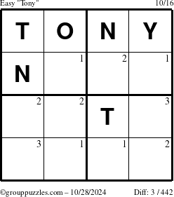 The grouppuzzles.com Easy Tony puzzle for Monday October 28, 2024 with the first 3 steps marked