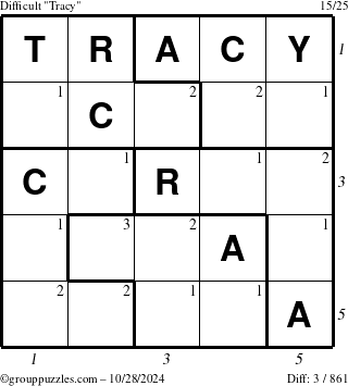 The grouppuzzles.com Difficult Tracy puzzle for Monday October 28, 2024 with all 3 steps marked