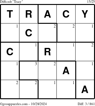 The grouppuzzles.com Difficult Tracy puzzle for Monday October 28, 2024 with the first 3 steps marked