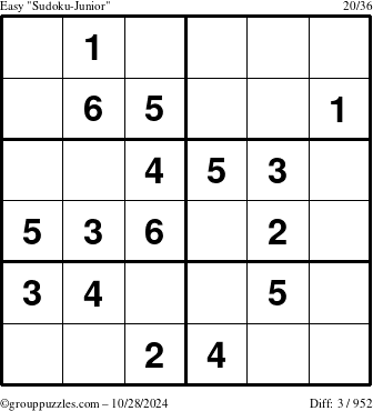 The grouppuzzles.com Easy Sudoku-Junior puzzle for Monday October 28, 2024