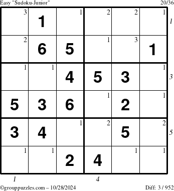 The grouppuzzles.com Easy Sudoku-Junior puzzle for Monday October 28, 2024 with all 3 steps marked