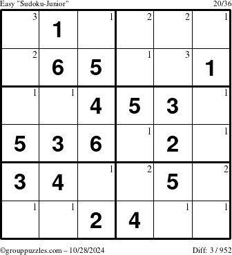 The grouppuzzles.com Easy Sudoku-Junior puzzle for Monday October 28, 2024 with the first 3 steps marked