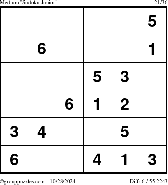 The grouppuzzles.com Medium Sudoku-Junior puzzle for Monday October 28, 2024