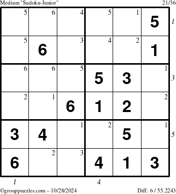 The grouppuzzles.com Medium Sudoku-Junior puzzle for Monday October 28, 2024 with all 6 steps marked