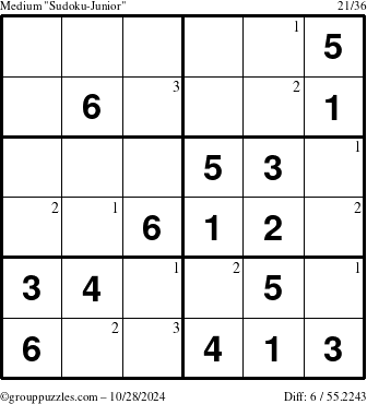 The grouppuzzles.com Medium Sudoku-Junior puzzle for Monday October 28, 2024 with the first 3 steps marked