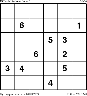 The grouppuzzles.com Difficult Sudoku-Junior puzzle for Monday October 28, 2024