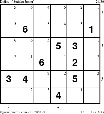 The grouppuzzles.com Difficult Sudoku-Junior puzzle for Monday October 28, 2024 with all 6 steps marked