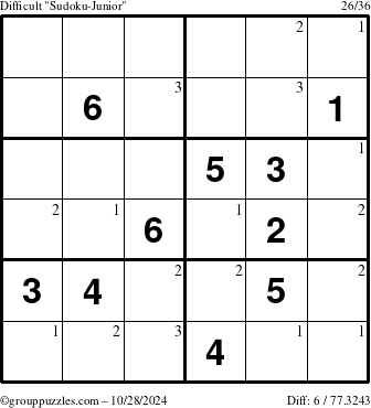 The grouppuzzles.com Difficult Sudoku-Junior puzzle for Monday October 28, 2024 with the first 3 steps marked