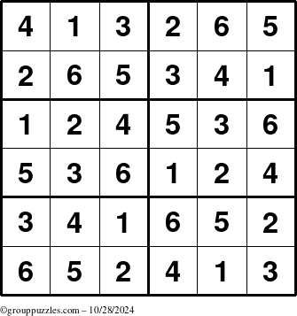 The grouppuzzles.com Answer grid for the Sudoku-Junior puzzle for Monday October 28, 2024