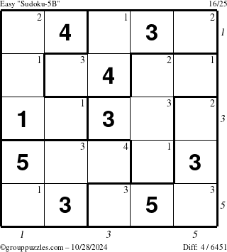 The grouppuzzles.com Easy Sudoku-5B puzzle for Monday October 28, 2024 with all 4 steps marked