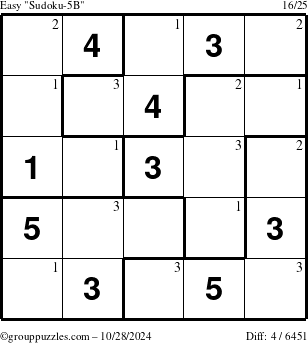 The grouppuzzles.com Easy Sudoku-5B puzzle for Monday October 28, 2024 with the first 3 steps marked