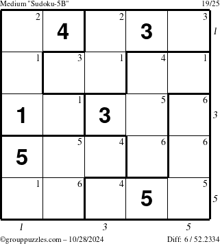 The grouppuzzles.com Medium Sudoku-5B puzzle for Monday October 28, 2024 with all 6 steps marked