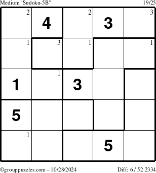 The grouppuzzles.com Medium Sudoku-5B puzzle for Monday October 28, 2024 with the first 3 steps marked