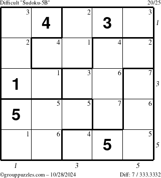 The grouppuzzles.com Difficult Sudoku-5B puzzle for Monday October 28, 2024 with all 7 steps marked