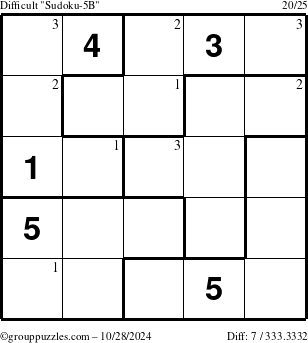 The grouppuzzles.com Difficult Sudoku-5B puzzle for Monday October 28, 2024 with the first 3 steps marked