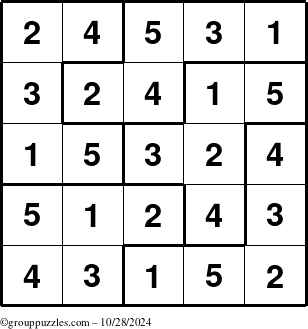 The grouppuzzles.com Answer grid for the Sudoku-5B puzzle for Monday October 28, 2024