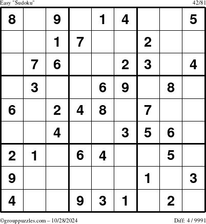 The grouppuzzles.com Easy Sudoku puzzle for Monday October 28, 2024