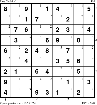 The grouppuzzles.com Easy Sudoku puzzle for Monday October 28, 2024 with all 4 steps marked