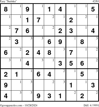 The grouppuzzles.com Easy Sudoku puzzle for Monday October 28, 2024 with the first 3 steps marked