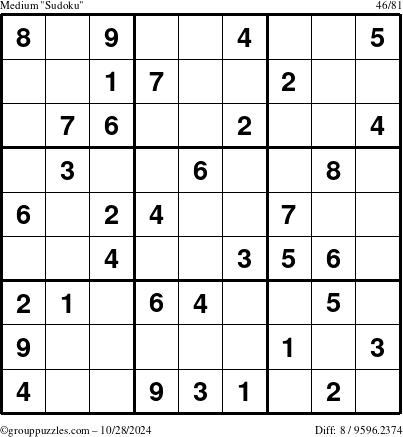 The grouppuzzles.com Medium Sudoku puzzle for Monday October 28, 2024