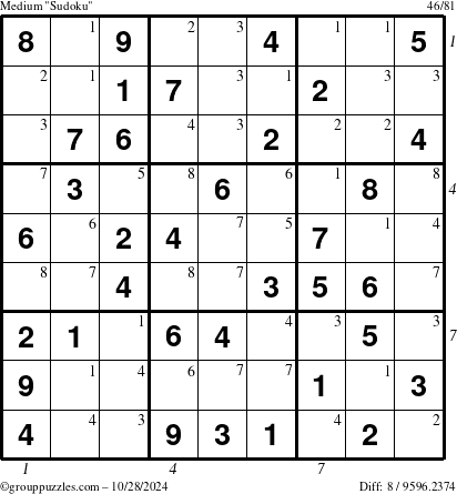 The grouppuzzles.com Medium Sudoku puzzle for Monday October 28, 2024 with all 8 steps marked