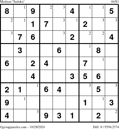 The grouppuzzles.com Medium Sudoku puzzle for Monday October 28, 2024 with the first 3 steps marked