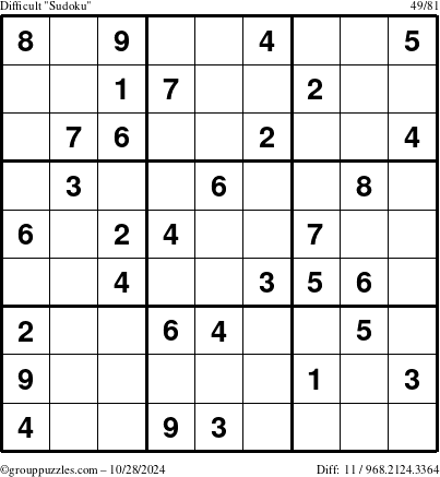 The grouppuzzles.com Difficult Sudoku puzzle for Monday October 28, 2024