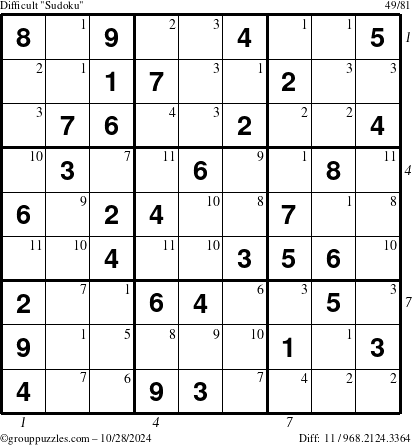 The grouppuzzles.com Difficult Sudoku puzzle for Monday October 28, 2024 with all 11 steps marked