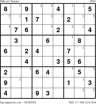 The grouppuzzles.com Difficult Sudoku puzzle for Monday October 28, 2024 with the first 3 steps marked