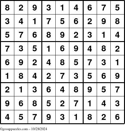 The grouppuzzles.com Answer grid for the Sudoku puzzle for Monday October 28, 2024