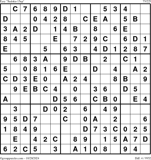 The grouppuzzles.com Easy Sudoku-15up puzzle for Monday October 28, 2024