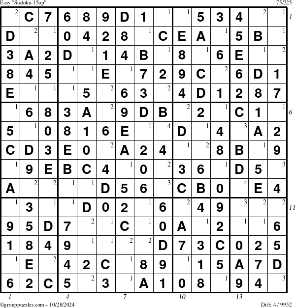 The grouppuzzles.com Easy Sudoku-15up puzzle for Monday October 28, 2024 with all 4 steps marked