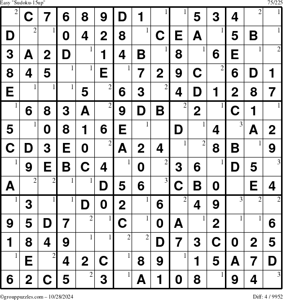 The grouppuzzles.com Easy Sudoku-15up puzzle for Monday October 28, 2024 with the first 3 steps marked