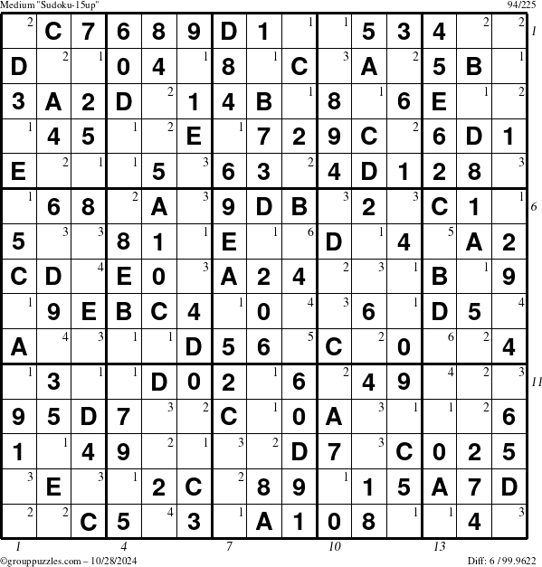 The grouppuzzles.com Medium Sudoku-15up puzzle for Monday October 28, 2024 with all 6 steps marked