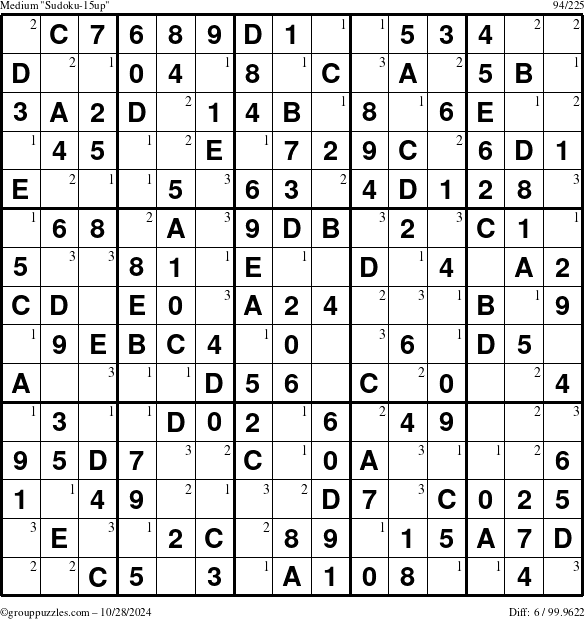 The grouppuzzles.com Medium Sudoku-15up puzzle for Monday October 28, 2024 with the first 3 steps marked