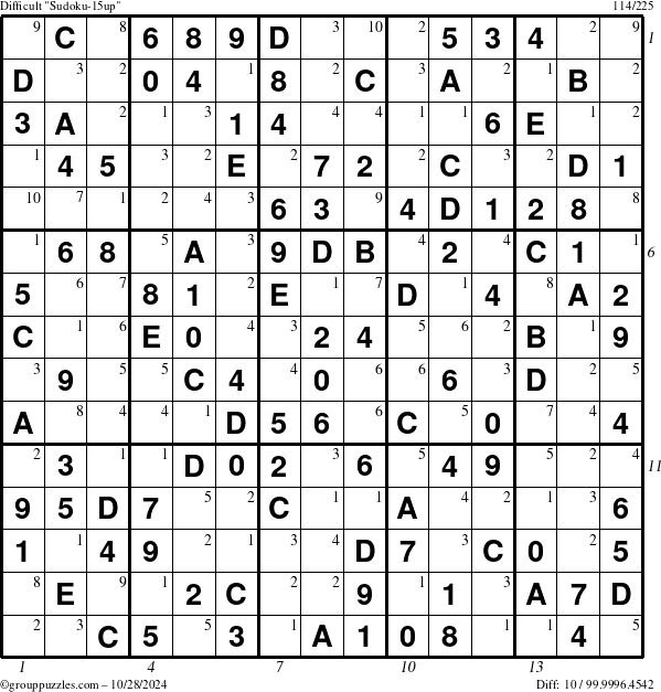 The grouppuzzles.com Difficult Sudoku-15up puzzle for Monday October 28, 2024, suitable for printing, with all 10 steps marked