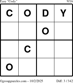 The grouppuzzles.com Easy Cody puzzle for Thursday October 2, 2025