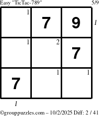 The grouppuzzles.com Easy TicTac-789 puzzle for Thursday October 2, 2025 with all 2 steps marked