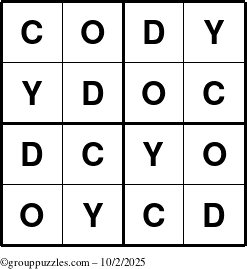 The grouppuzzles.com Answer grid for the Cody puzzle for Thursday October 2, 2025